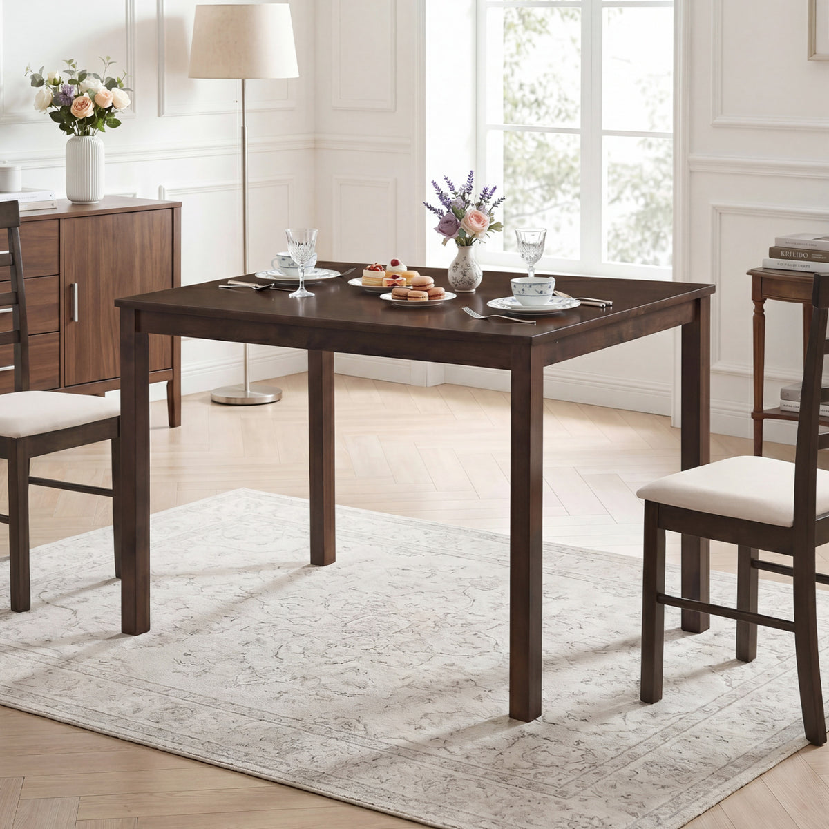 Farmhouse Kitchen Table for 4 with Solid Rubber Wood Frame for Dining Room-Brown view 2