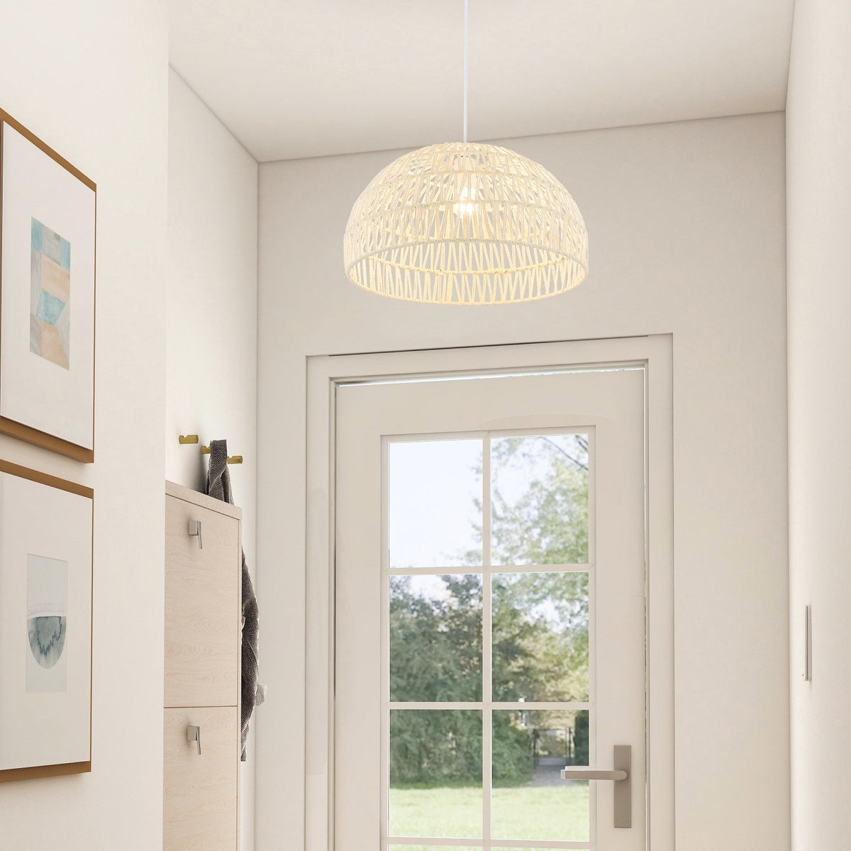 Farmhouse Rattan Pendant Lights with Adjustable Hanging Rope-Beige view 2