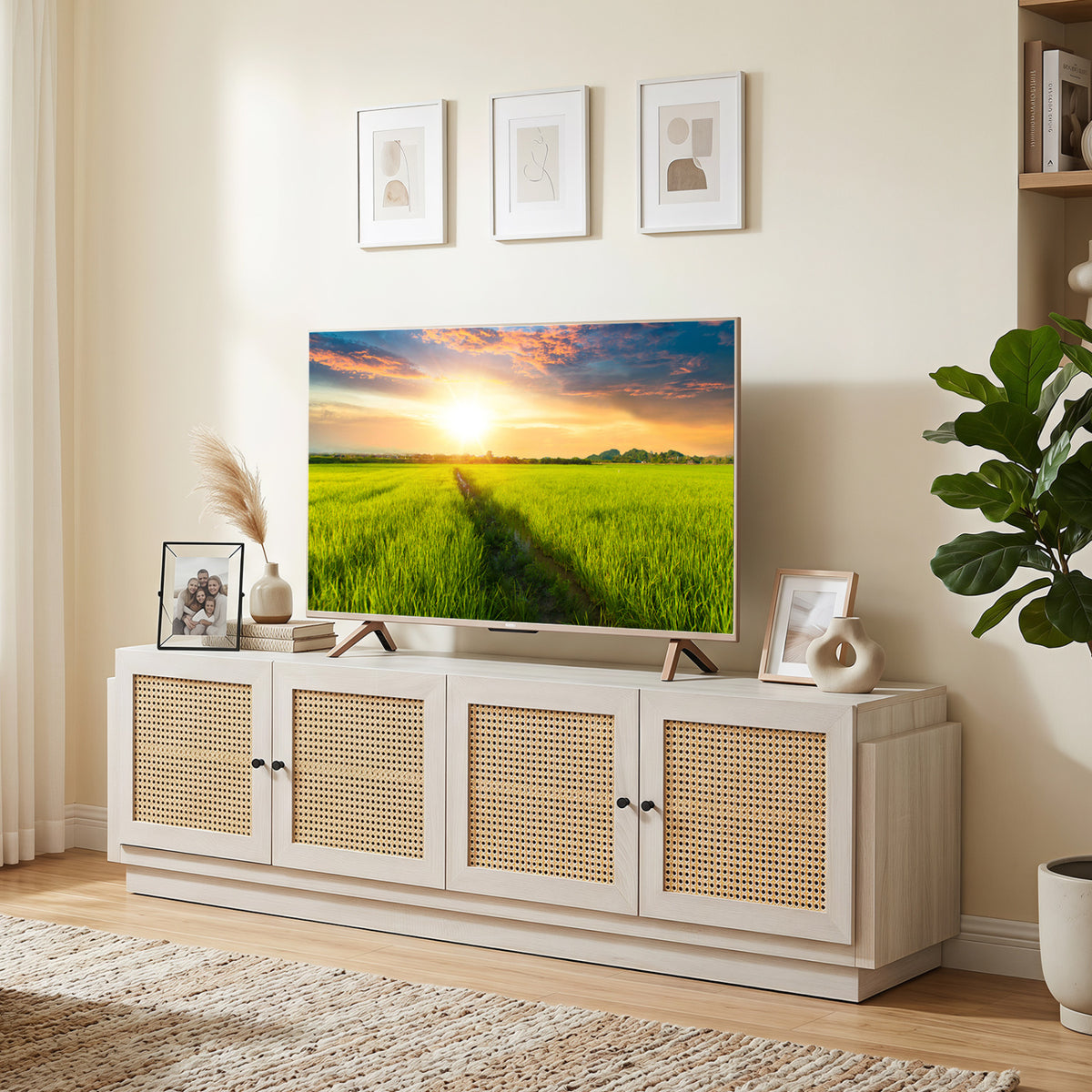 Farmhouse TV Stand for TVs up to 75 Inches with 2 Cabinets-White view 2