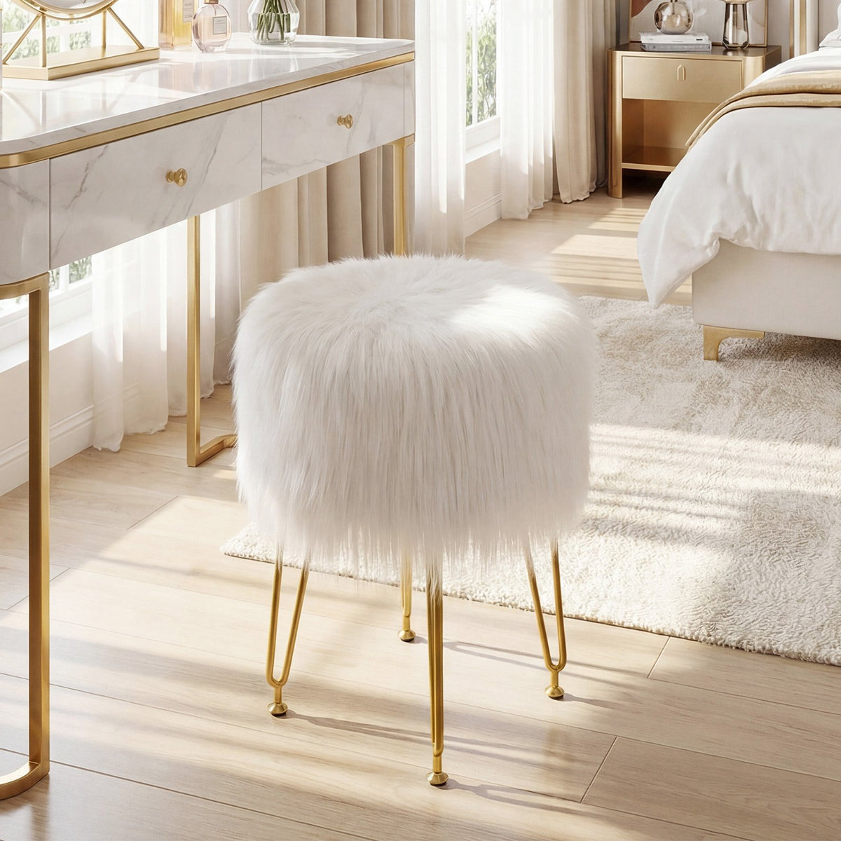 Faux Fur Vanity Stool Chair with Metal Legs for Bedroom and Living Room-White view 2