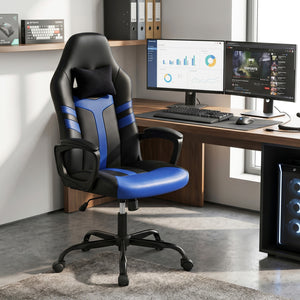 Faux Leather Upholstered Office Chair with Removable Head Pillow and Rocking Function-Blue view 2