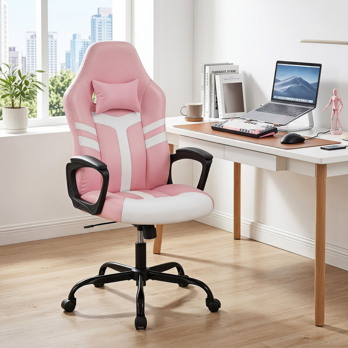 Faux Leather Upholstered Office Chair with Removable Head Pillow and Rocking Function-Pink view 2