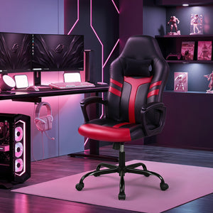 Faux Leather Upholstered Office Chair with Removable Head Pillow and Rocking Function-Red view 3