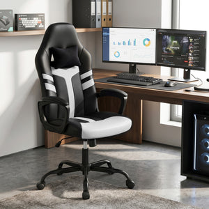 Faux Leather Upholstered Office Chair with Removable Head Pillow and Rocking Function-White view 5