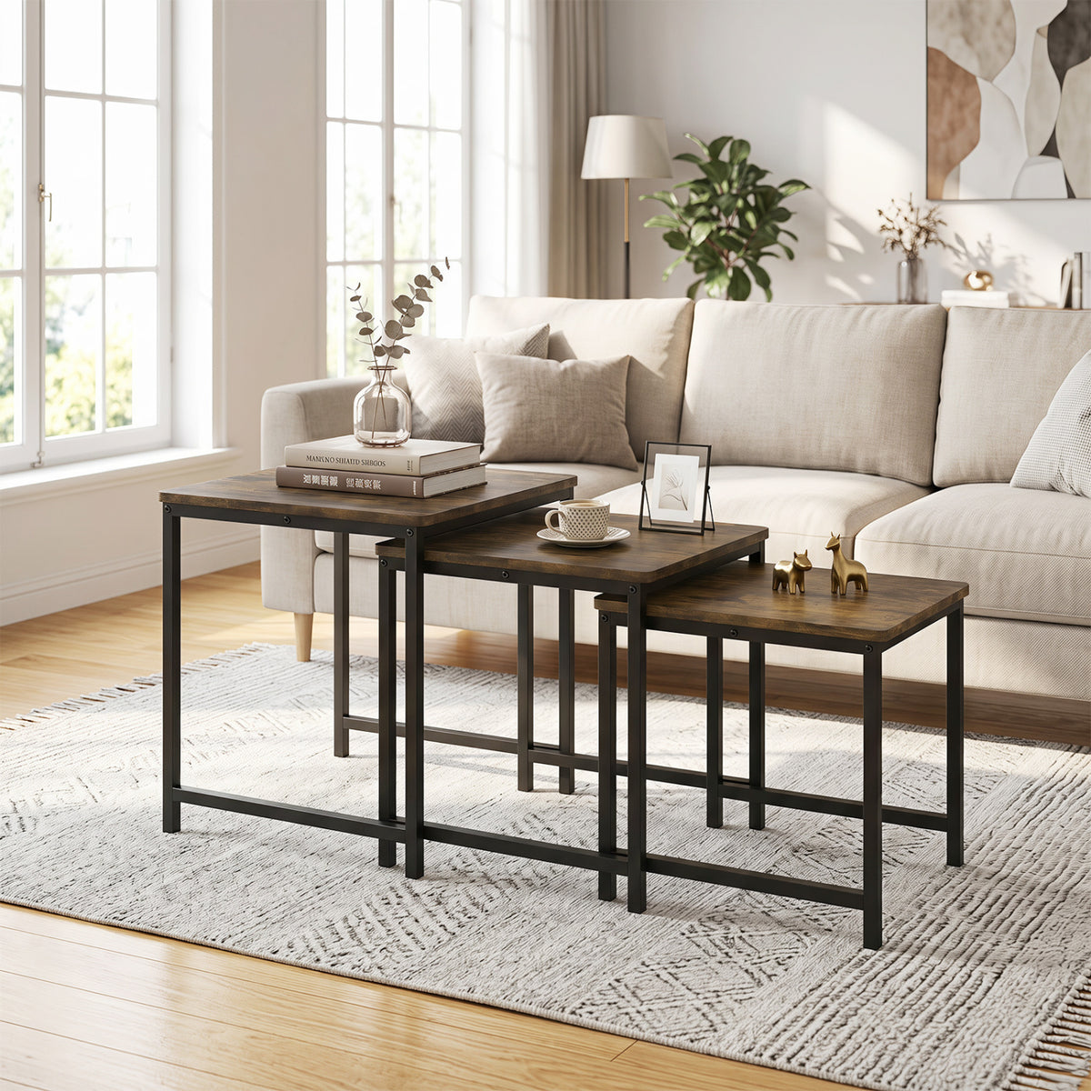 Faux Marble Nesting Table with Metal Frame Set of 3-Rustic Brown view 2