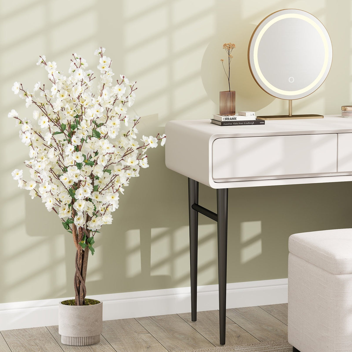 Faux Plum Blossom Plant with White Fabric Flower and Solid Wood Trunk-White view 2