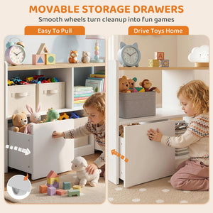 Qaba Toy Storage Organizer, Toy Organizers and Storage with 2 Movable Drawers and 3 Cubbies for Playroom, Nursery, White