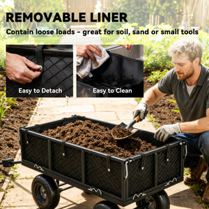 Steel Garden Cart, Utility Wagon Cart with Removable Liner, Quick-Release Sides, 10" Wheels, 660lbs Capacity