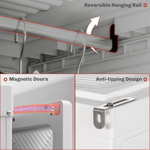 Portable Wardrobe, Foldable Storage Organzier with 5 Compartments, 1 Hanging Rod, Magnet Doors, White