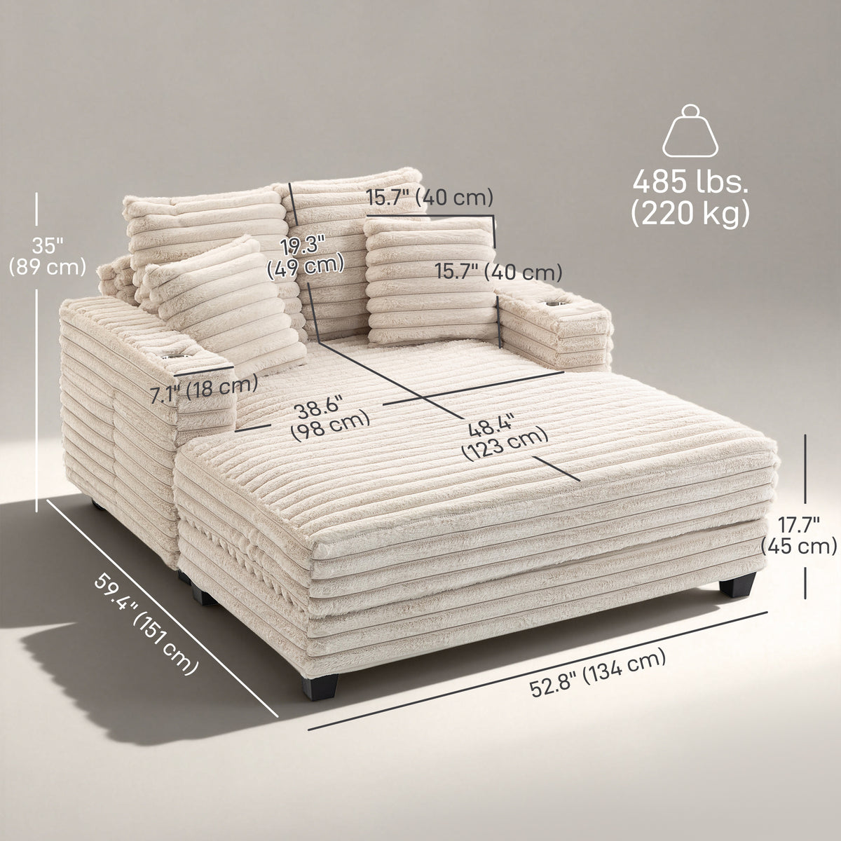 60" Chaise Lounge Chair, Oversized Upholstered Sofa Bed with Cup Holders & Pillows – view 2