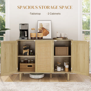 Bohemian Sideboard, 46.9" Buffet Cabinet with 3 Rattan Doors and Shelves for Living Room, Hallway, Oak