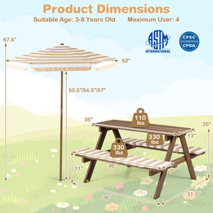 Fir Wood Kids Picnic Table with 2 Built-in Benches and Umbrella-Coffee view 5