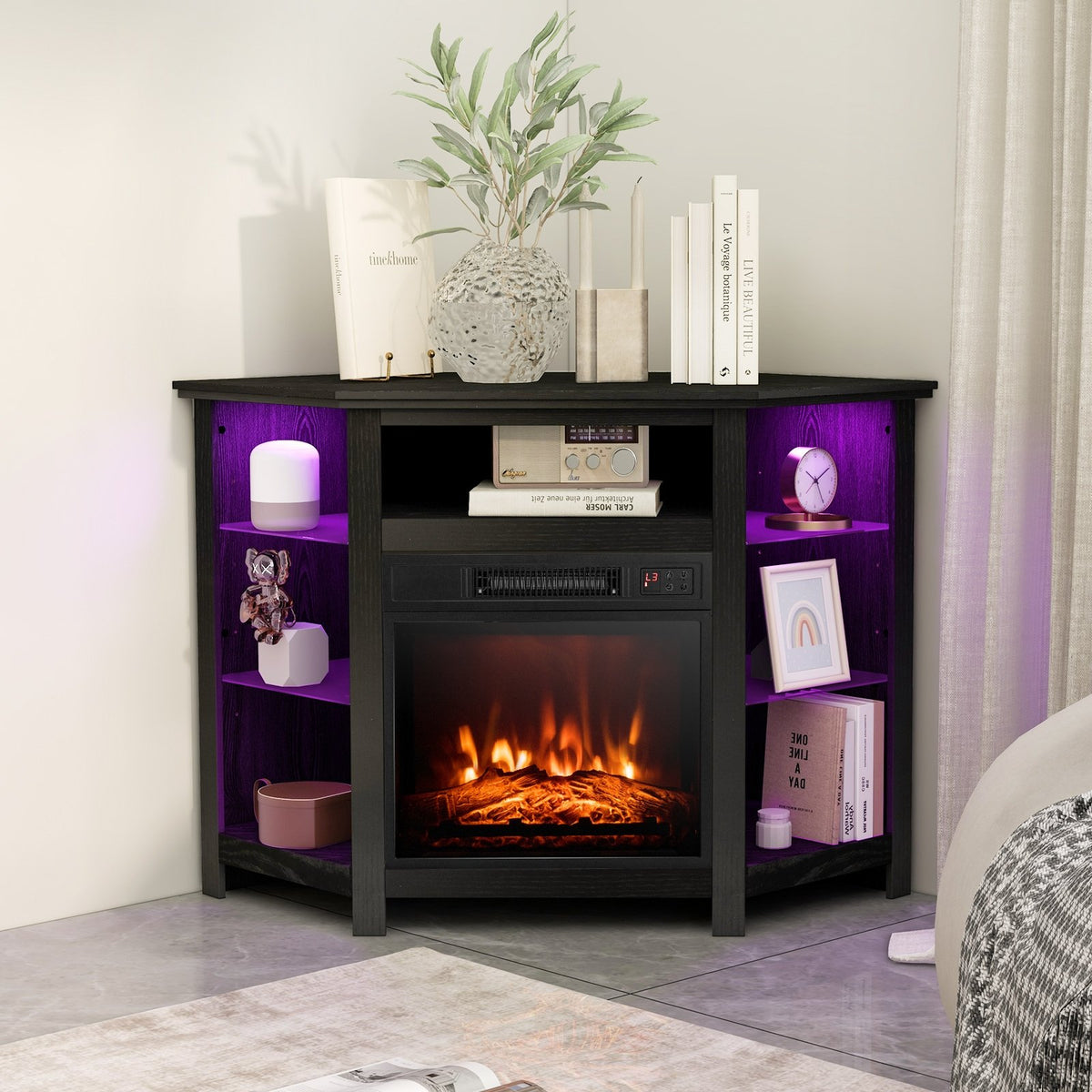 Fireplace Corner TV Stand with LED Lights and Smart APP Control for 50 Inches TV-Black view 2