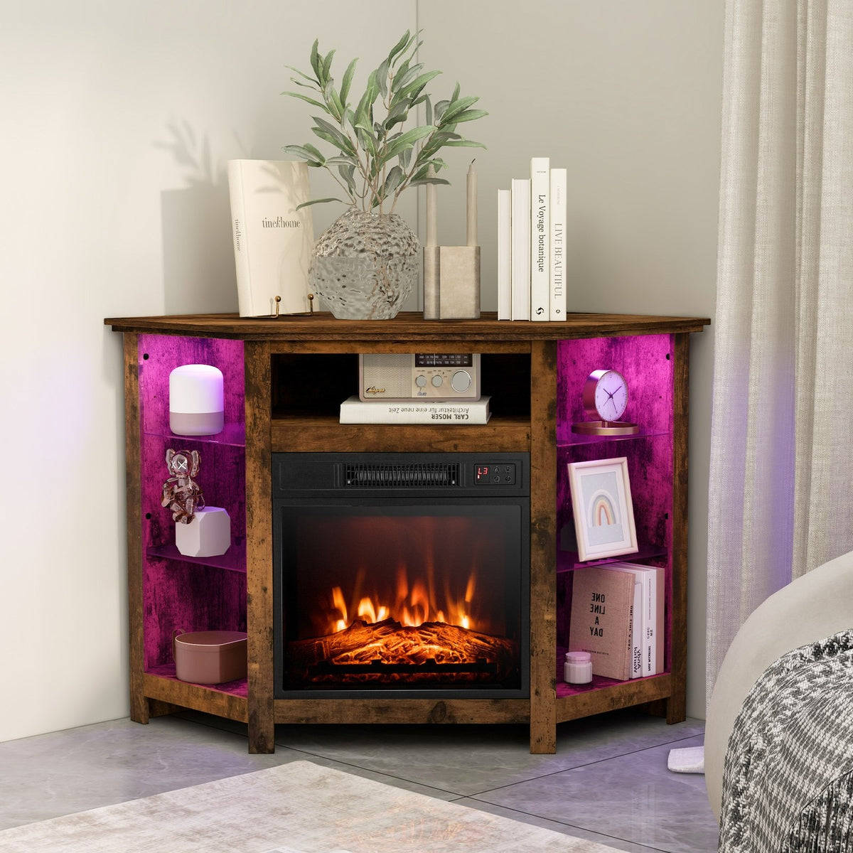 Fireplace Corner TV Stand with LED Lights and Smart APP Control for 50 Inches TV-Rustic Brown view 2