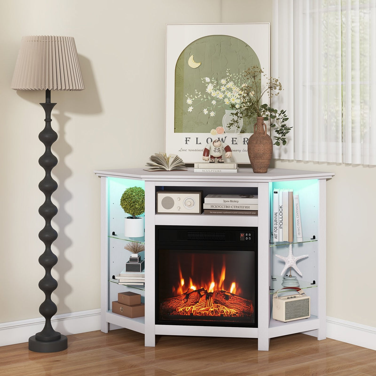 Fireplace Corner TV Stand with LED Lights and Smart APP Control for 50 Inches TV-White view 2
