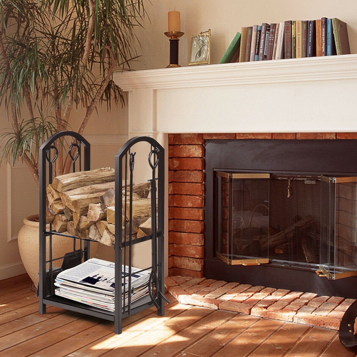 Fireplace Log Rack with 4 Tools Set Fireside Firewood Holder view 2
