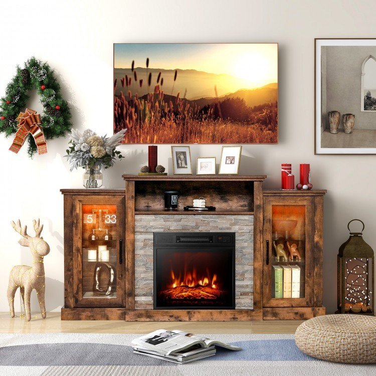 Fireplace TV Stand with 16-Color Led Lights for TVs up to 65 Inch-Brown view 2