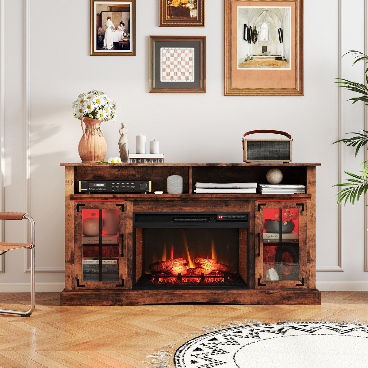 Fireplace TV Stand with Remote Controls and Thermostat for TVs Up to 50 Inch-Rustic Brown view 2