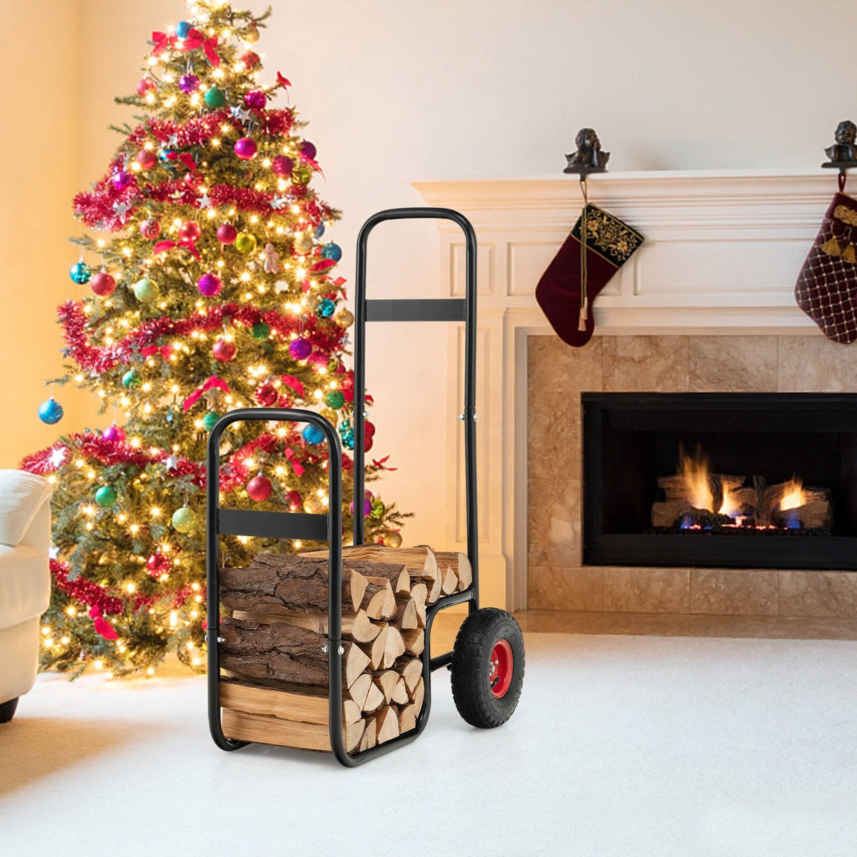 Firewood Log Cart Carrier with Wear-Resistant and Shockproof Rubber Wheels view 2