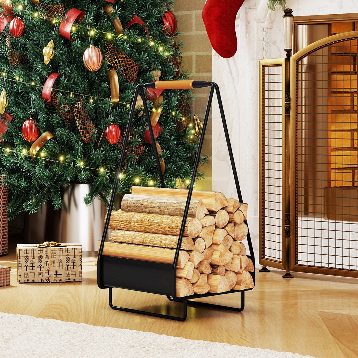Firewood Storage Rack Heavy-duty Metal Log Holder with Handle and Square Rack view 2
