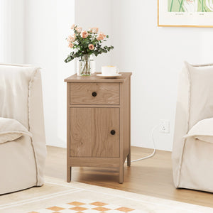 Flip Top End Table with Charging Station USB Ports Outlets and Drawer-Natural view 2