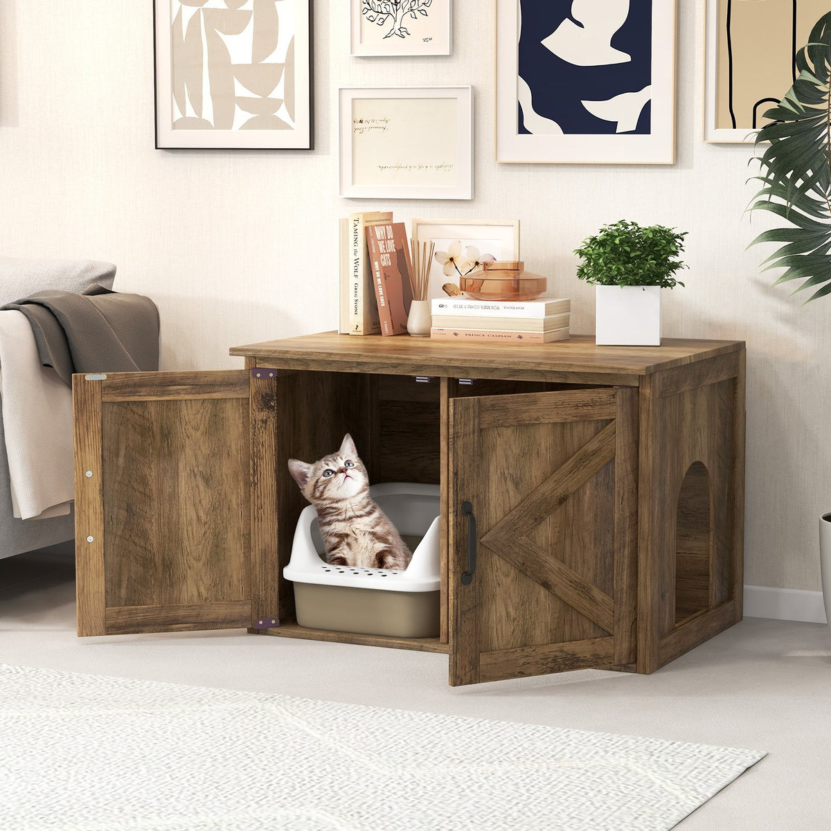 Flip Top Hidden Cat Washroom Furniture with Double Barn Doors, Removable Divider and Middle Entry view 2