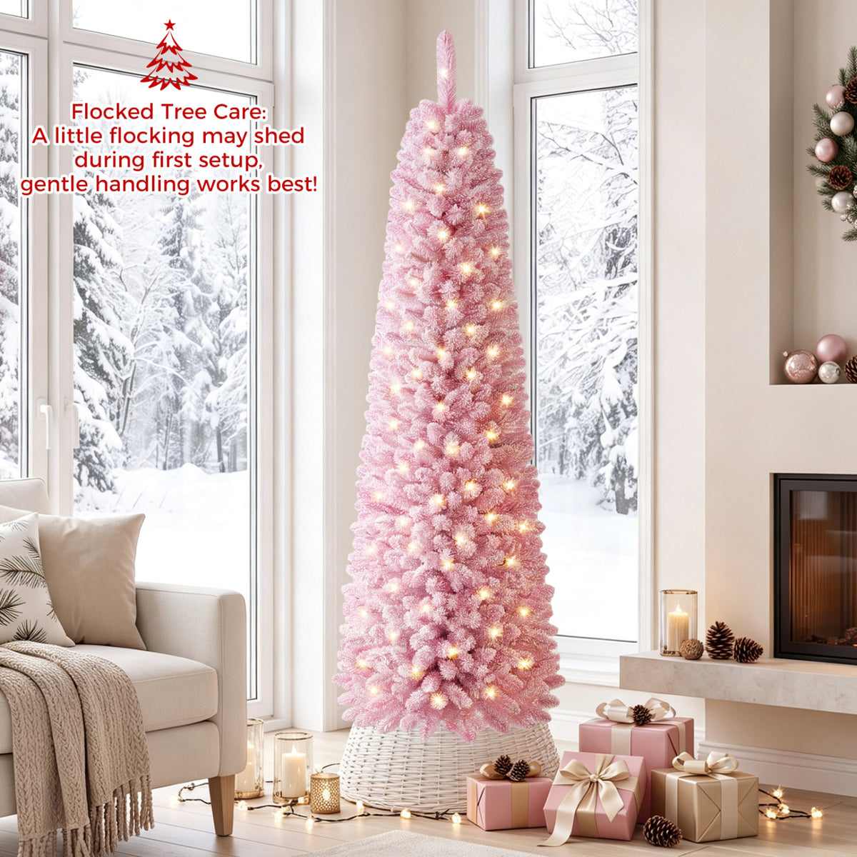 Flocked Pencil Christmas Tree with 8 Modes Pre-Lit Artificial Fir Xmas Tree-6 FT view 2