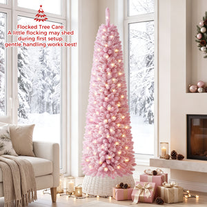 Flocked Pencil Christmas Tree with 8 Modes Pre-Lit Artificial Fir Xmas Tree-6 FT view 2