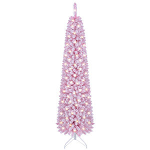 Flocked Pencil Christmas Tree with 8 Modes Pre-Lit Artificial Fir Xmas Tree-6 FT view 4