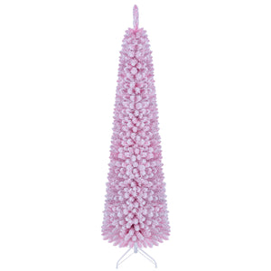 Flocked Pencil Christmas Tree with 8 Modes Pre-Lit Artificial Fir Xmas Tree-7 FT