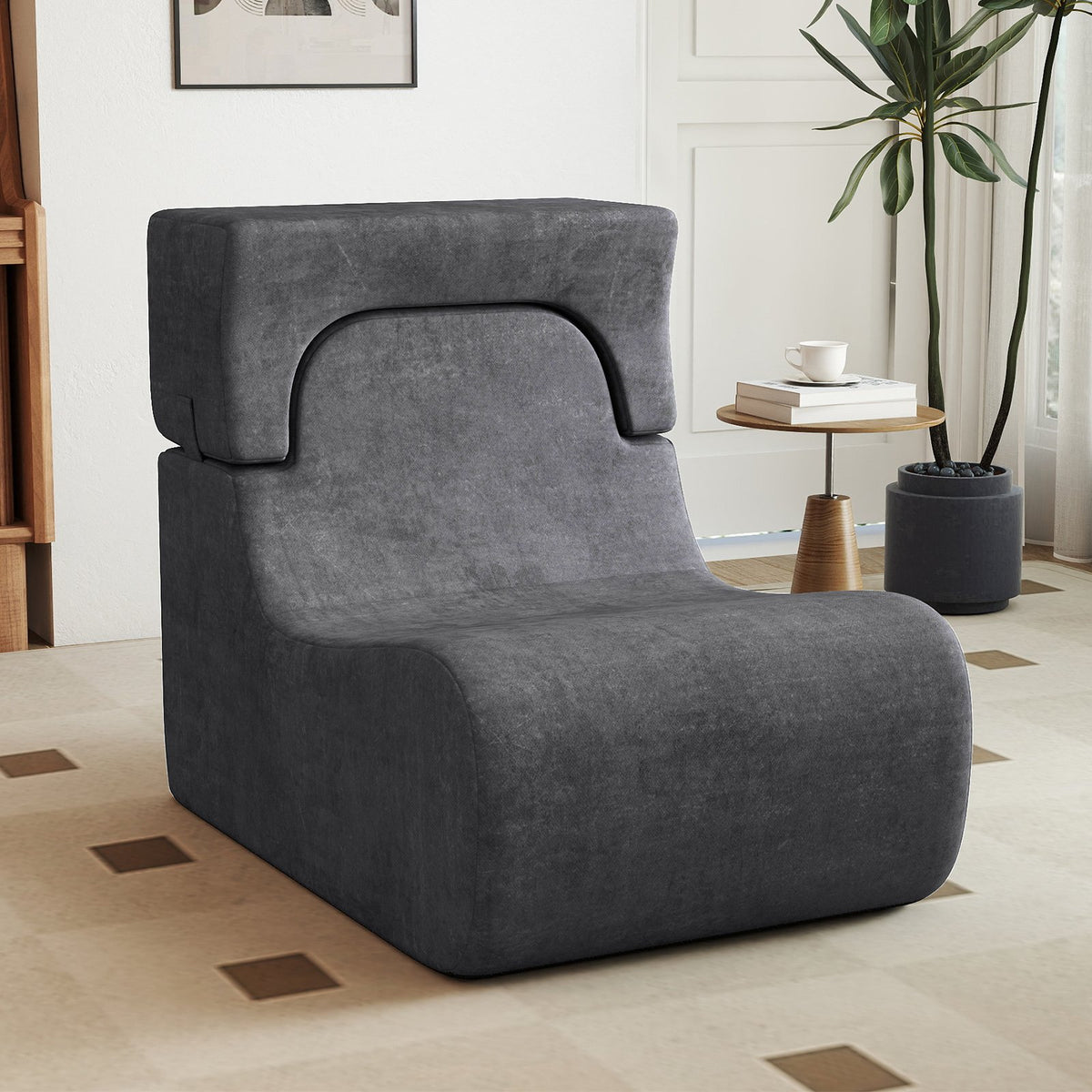 Floor Chair Lazy Sofa with Detachable Headrest-Gray view 2