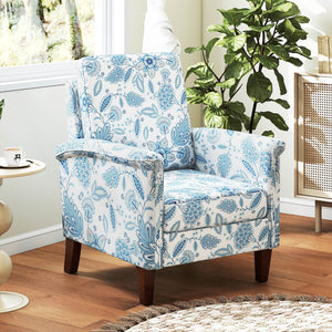 Floral Accent Chair Farmhouse Boho Armchair with Solid Wood Legs and High Back-Blue view 2