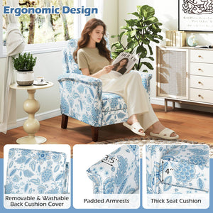 Floral Accent Chair Farmhouse Boho Armchair with Solid Wood Legs and High Back-Blue view 9