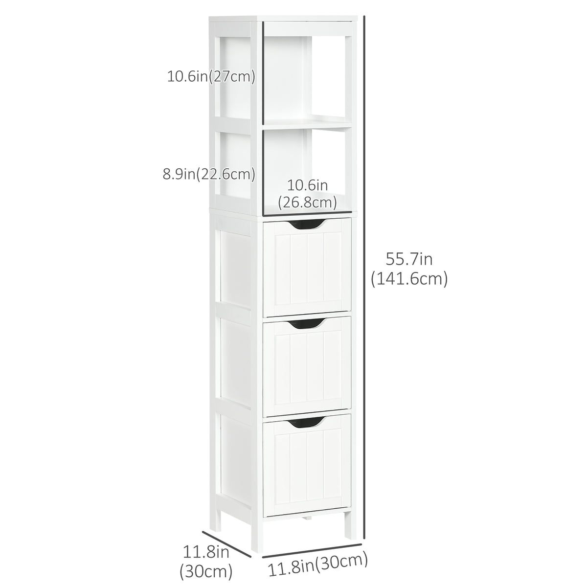 Narrow Bathroom Cabinet with 3 Drawers and 2 Tier Shelf, Tall Cupboard Freestanding Linen Tower, White – view 2