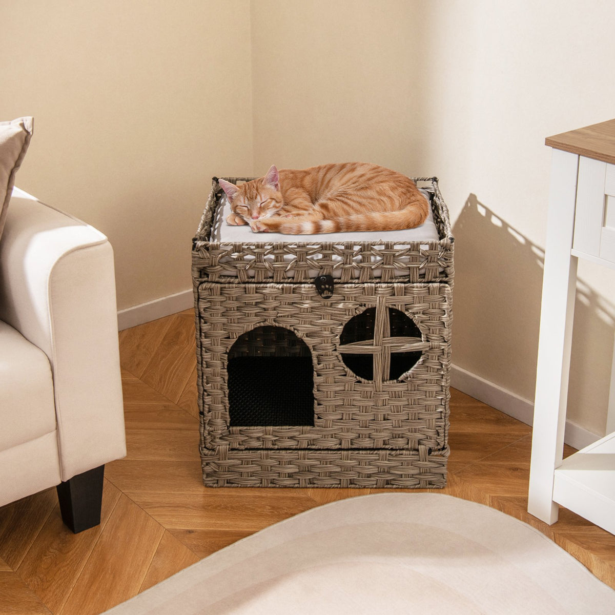 Foldable 2-tier Rattan Cat Litter Box Enclosure with Litter Mat-Grey view 2