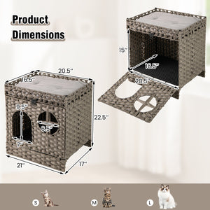 Foldable 2-tier Rattan Cat Litter Box Enclosure with Litter Mat-Grey view 5