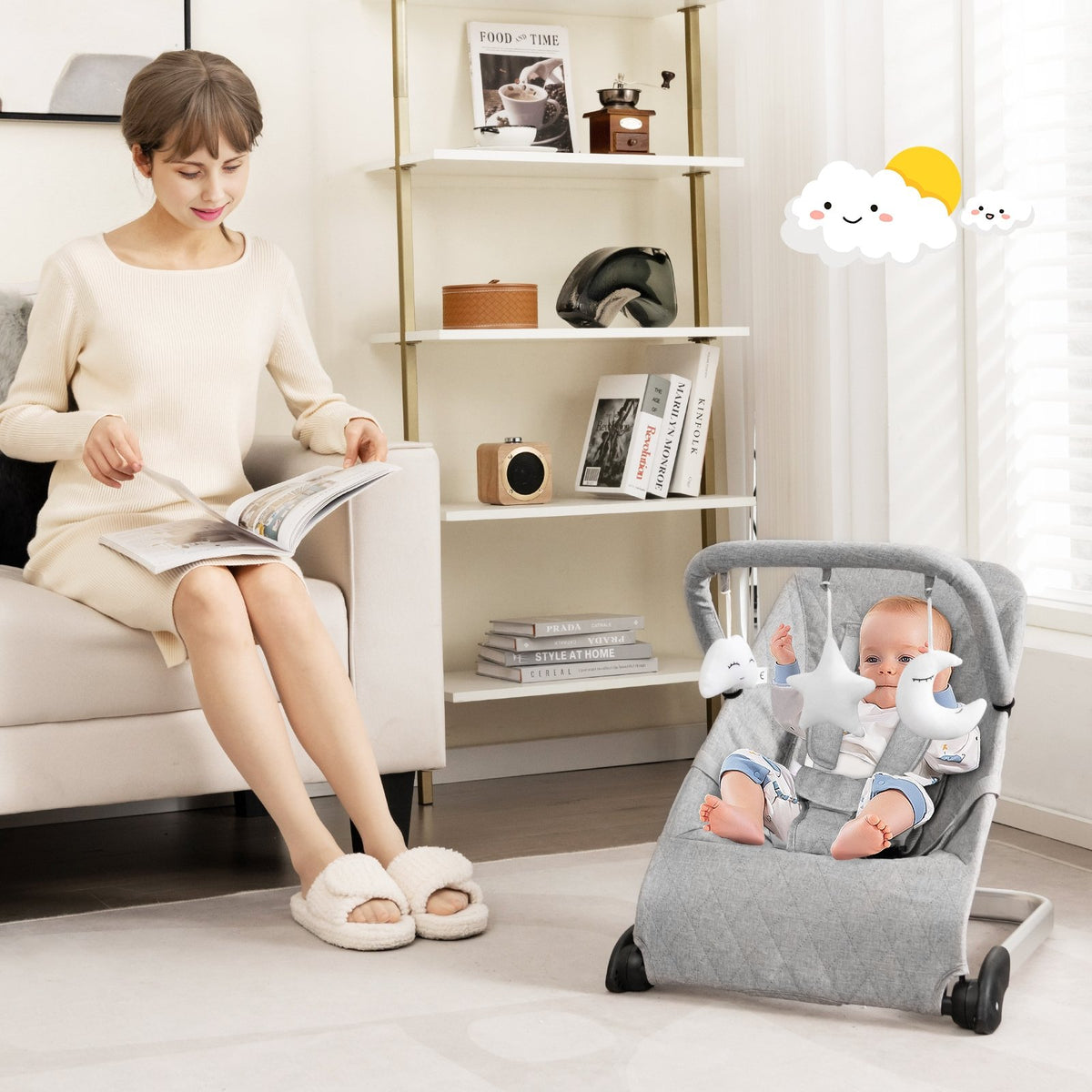 Foldable Baby Bouncer with Removable Fabric Cover and Toy Bar-Gray view 2