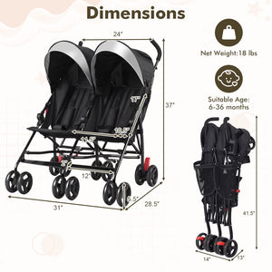Foldable Twin Baby Double Stroller Ultralight Umbrella Kids Stroller-Black view 5