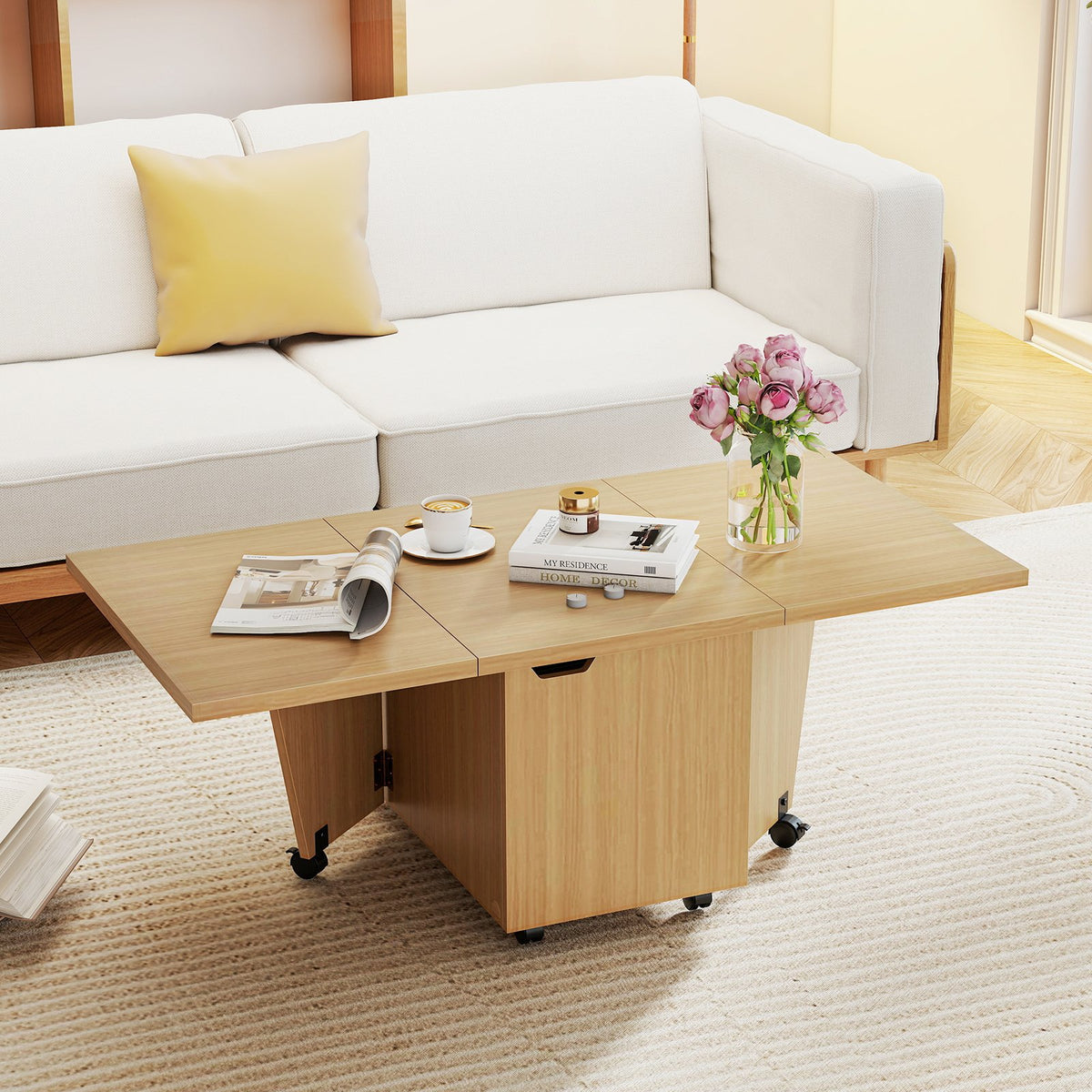 Foldable Coffee Table with Storage Cabinet Extendable Center Table-Oak view 2