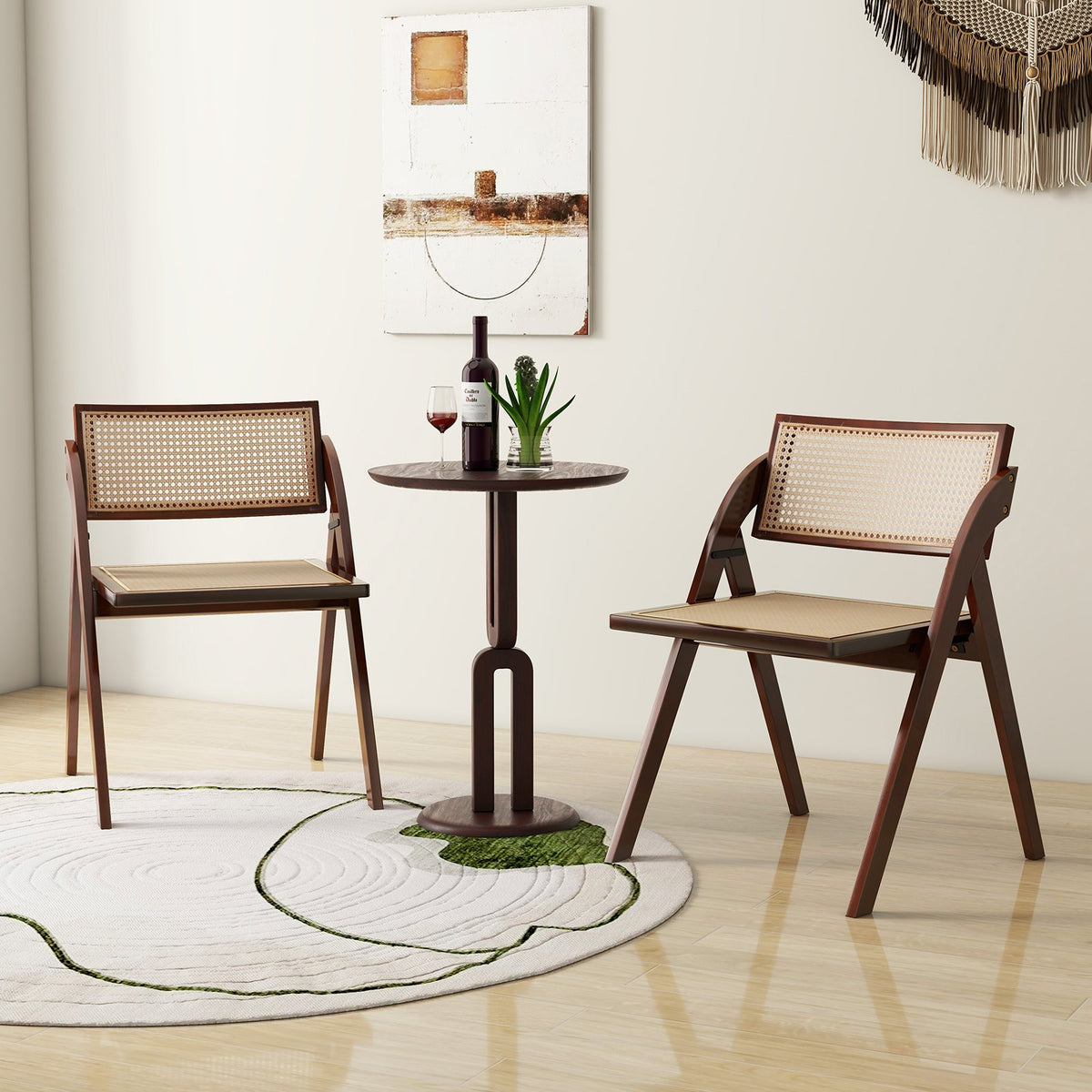 Foldable Dining Chairs Set of 2 with Woven Rattan Backrest-Brown view 2