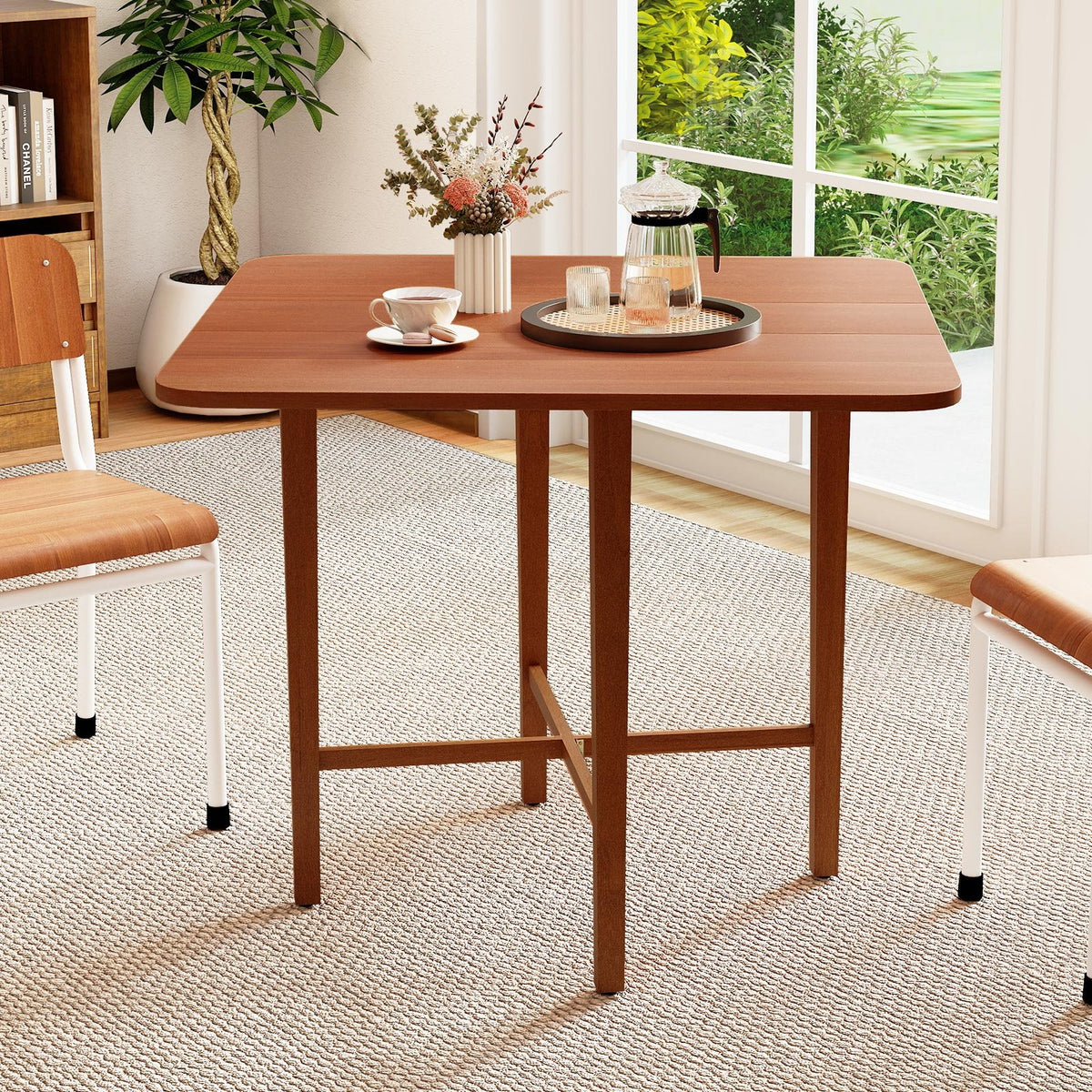 Foldable Dining Table for 2-4 People with Rubber Wood Legs for Small Space-Walnut view 2