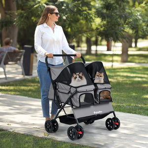 Foldable Double Pet Stroller with Adjustable Sunshade and Storage Basket-Gray view 2
