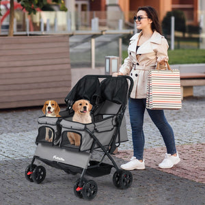 Foldable Double Pet Stroller with Adjustable Sunshade and Storage Basket-Gray view 3