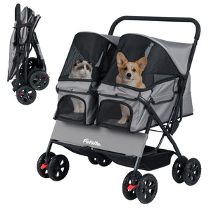 Foldable Double Pet Stroller with Adjustable Sunshade and Storage Basket-Gray view 4