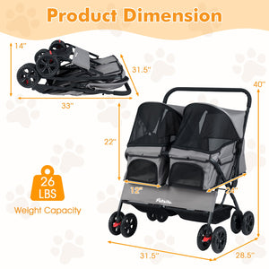 Foldable Double Pet Stroller with Adjustable Sunshade and Storage Basket-Gray view 5