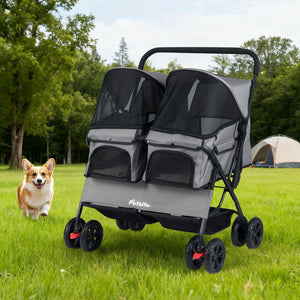 Foldable Double Pet Stroller with Adjustable Sunshade and Storage Basket-Gray view 6