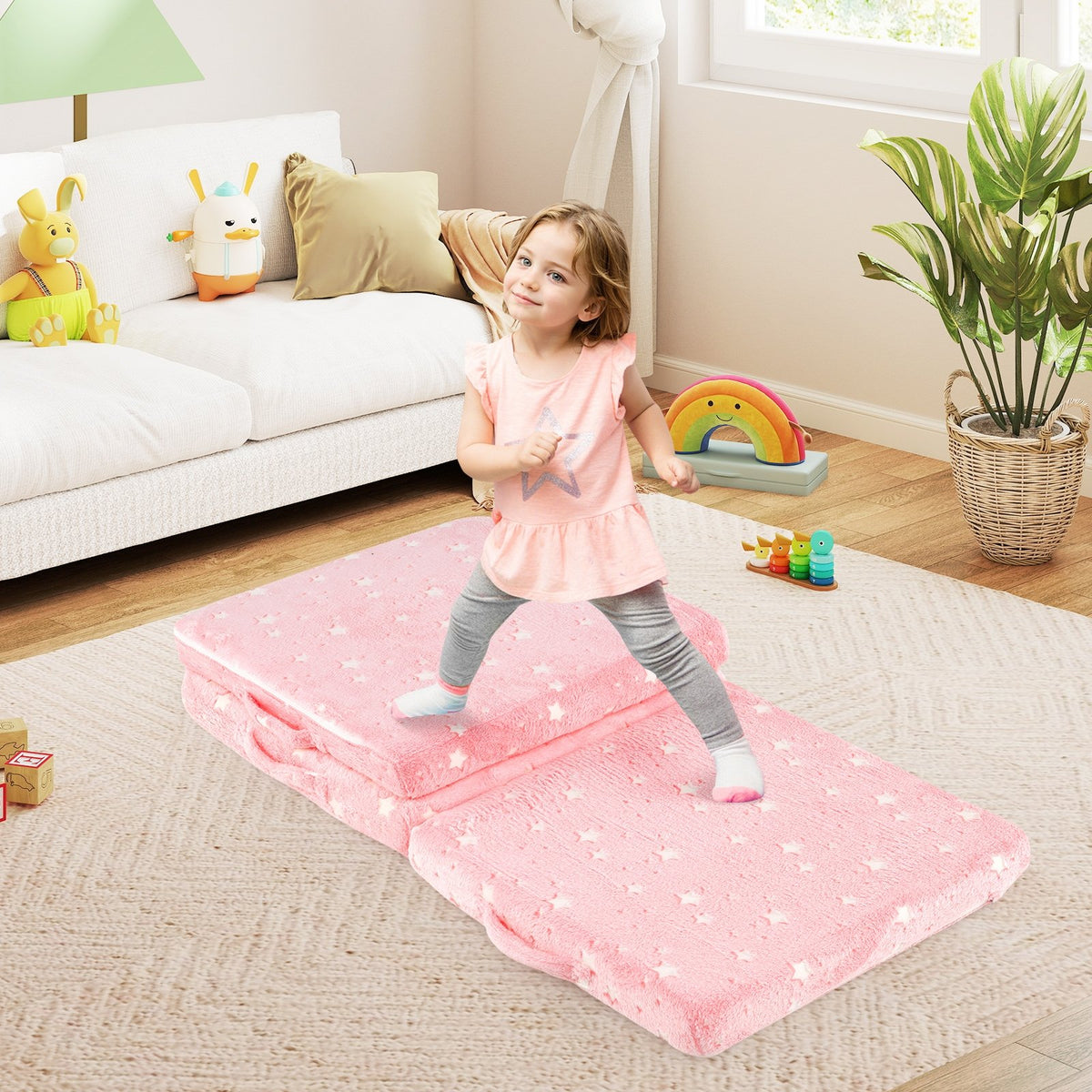 Foldable Floor Mattress for Kids with Washable Flannel Cover-Pink view 2