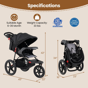 Foldable Jogging Stroller with Detachable Tray and Air-Filled Rubber Tires-Black view 4
