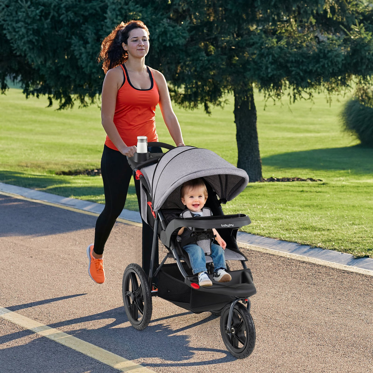 Foldable Jogging Stroller with Detachable Tray and Air-Filled Rubber Tires-Gray view 2