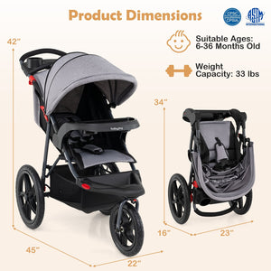 Foldable Jogging Stroller with Detachable Tray and Air-Filled Rubber Tires-Gray view 4